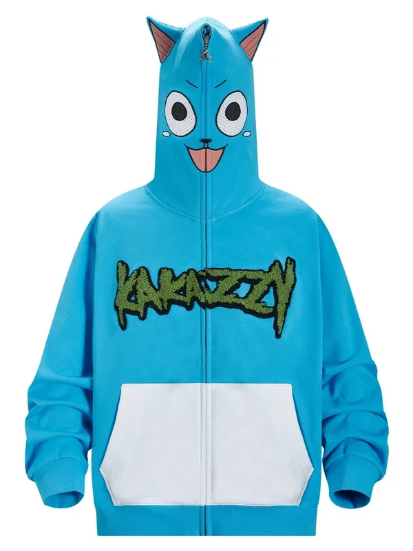 Anime Cat Hoodie – 400GSM Oversized Blue Zip-Up Kawaii Sweatshirt with Ears