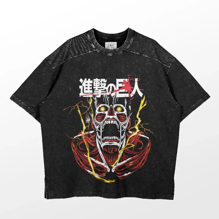 Ataque na camiseta gráfica inspirada no Titan-design vintage do Titan Colossal, camiseta de tamanho grande preto lavado