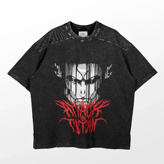 Attack on Titan-Inspired Graphic T-Shirt – Eren Yeager “Founding Titan” Design, Washed Black Oversized Tee