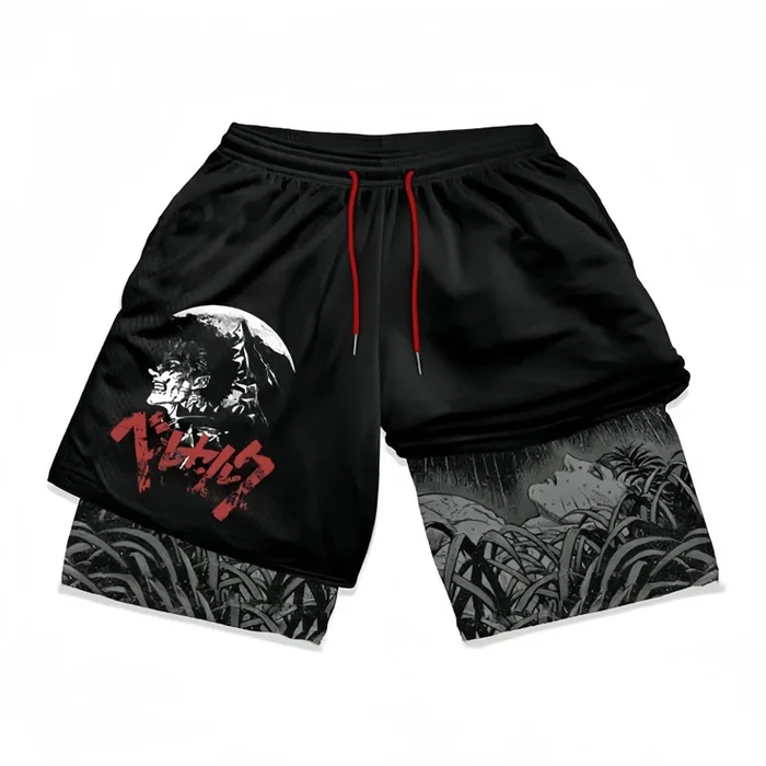 Berserk-Inspired Gym Shorts with Liner – Eclipse and Moonlit Battle Design
