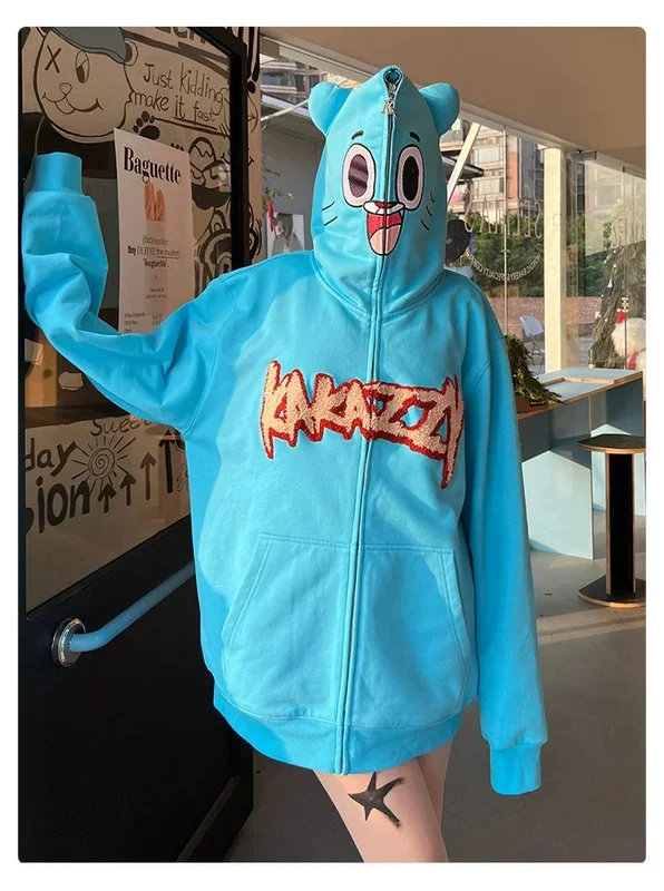 Bezaubernder blauer Cartoon-Kapuzenpullover – 400 g/m² Baumwolle mit verspieltem Gesichtsdesign