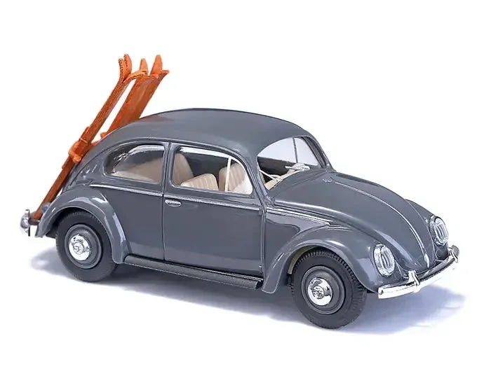 Busch 52965 HO Scale 1955 Volkswagen Beetle with Oval Rear Window – Gray with Ski Rack