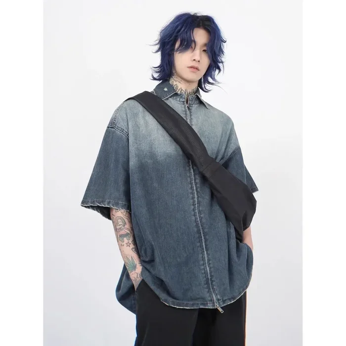 Camisa de cambraia de jeans de gradiente de loja à venda – estilo casual de manga curta e masculina e feminina