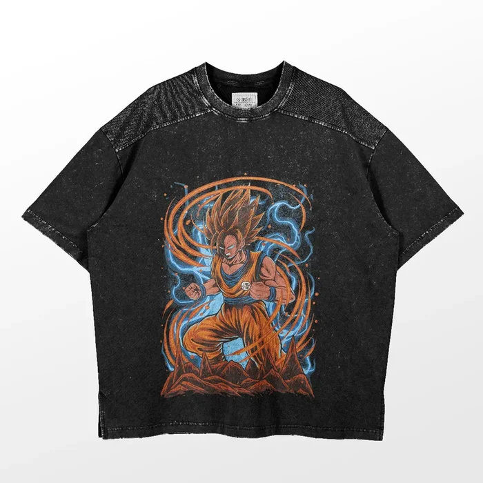 Camiseta gráfica inspirada em Dragon Ball Z-Super Saiyan Goku Aura Design, camiseta de tamanho grande preto lavado