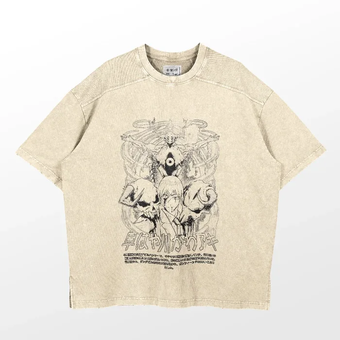 Chainsaw Man Denji & Devils ล้างเสื้อยืดวินเทจ-260 GSM อนิเมะผ้าฝ้ายคุณภาพสูง