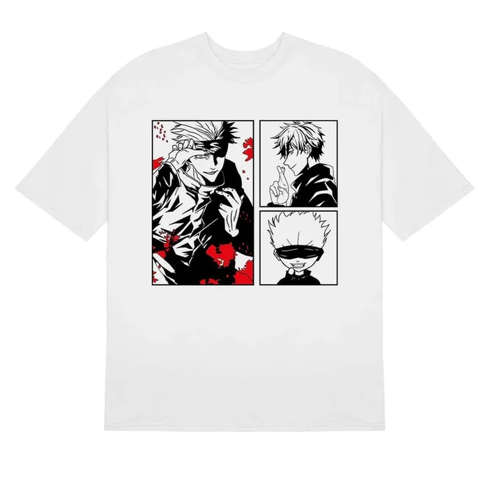 Chemise Gojo Satoru Trio Jujutsu Kaisen – Design monochrome rouge et noir