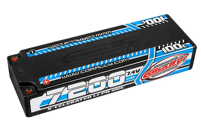 Corally 7200mAh 7.4v 2S 100C X-Celerated Hardcase Lipo Battery – 4mm Bullets