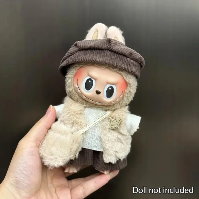 Cream Winter Costume for Labubu Figurine – Crown & Plush Bag Edition