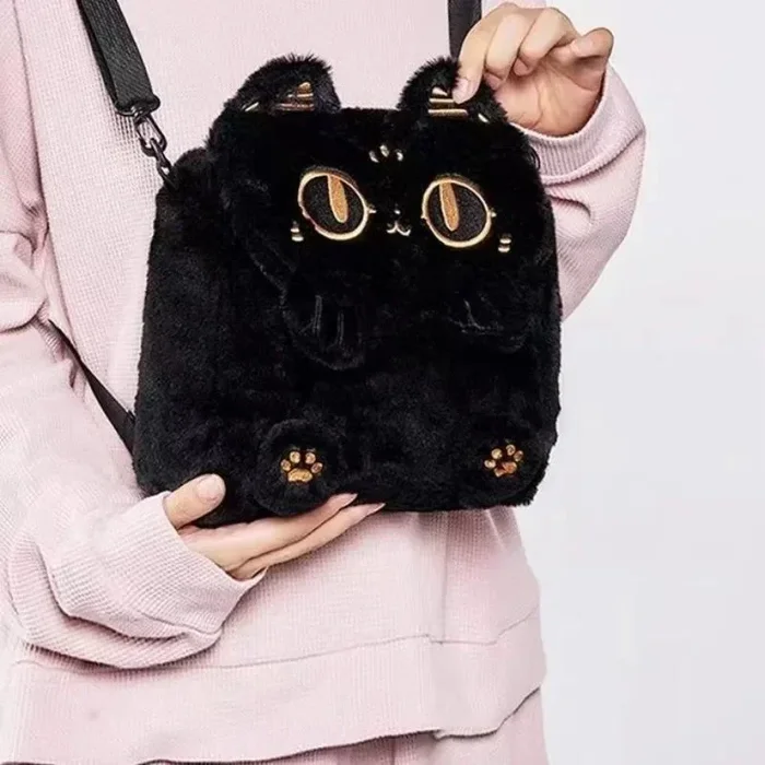 Cute Fluffy Moon Black Cat Plush Bag