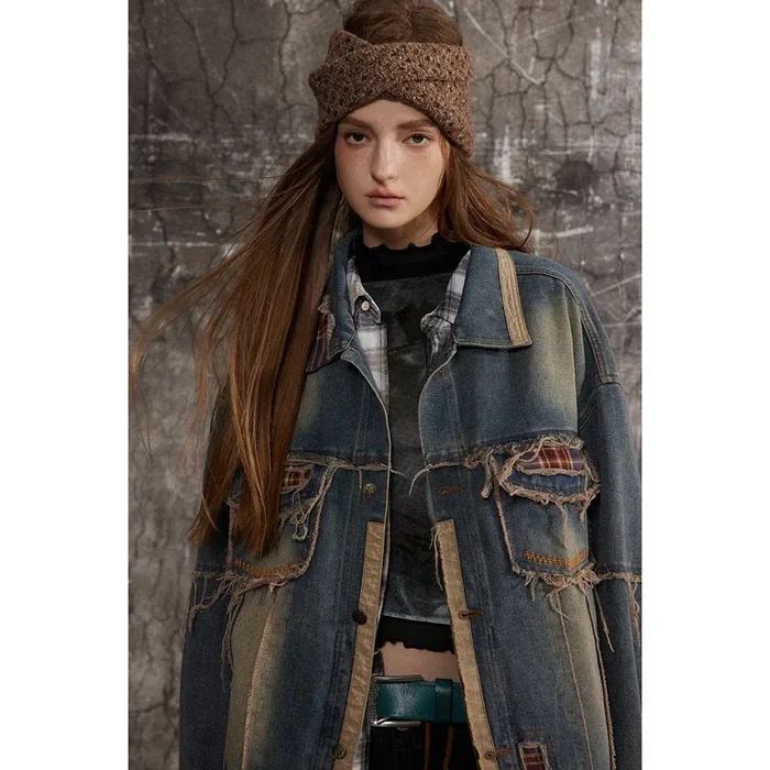 Distressed Plaid Denim Chambray Jacket on Sale – Men’s and Women’s Long Sleeve Vintage Style
