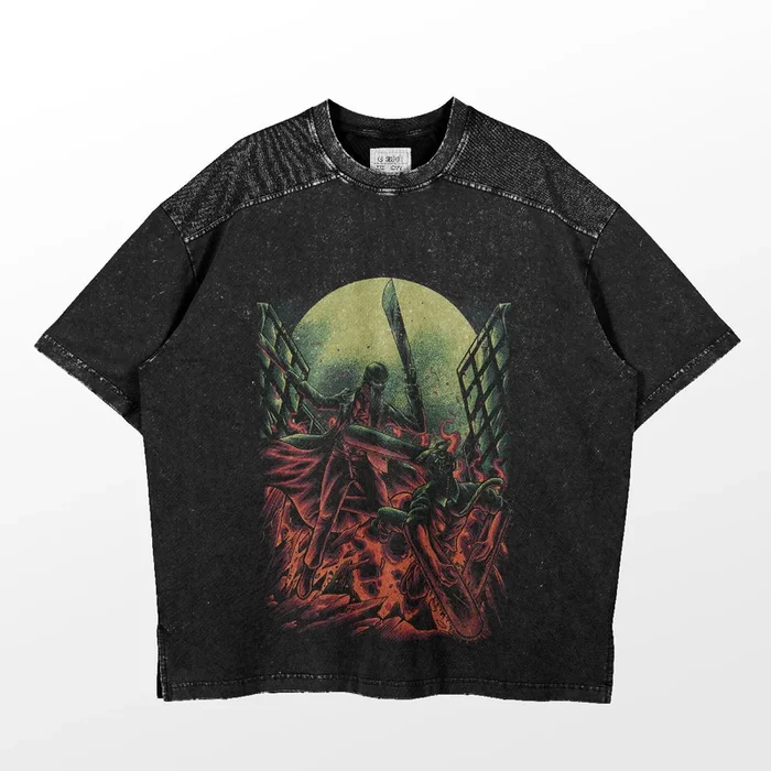 Epic Battle Chainsaw Man T -Shirt – Denji vs. Katana Man ภายใต้พระจันทร์เต็มดวง | เครื่องแต่งกายอนิเมะ