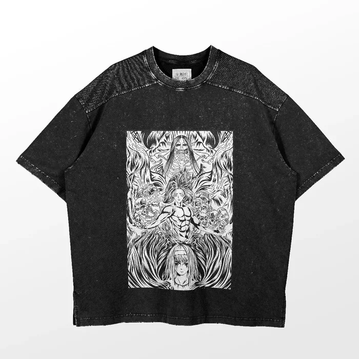 Eren Yeager und Titanen Schwarz-Weiß-T-Shirt „Attack on Titan“ – Episches Anime-Design