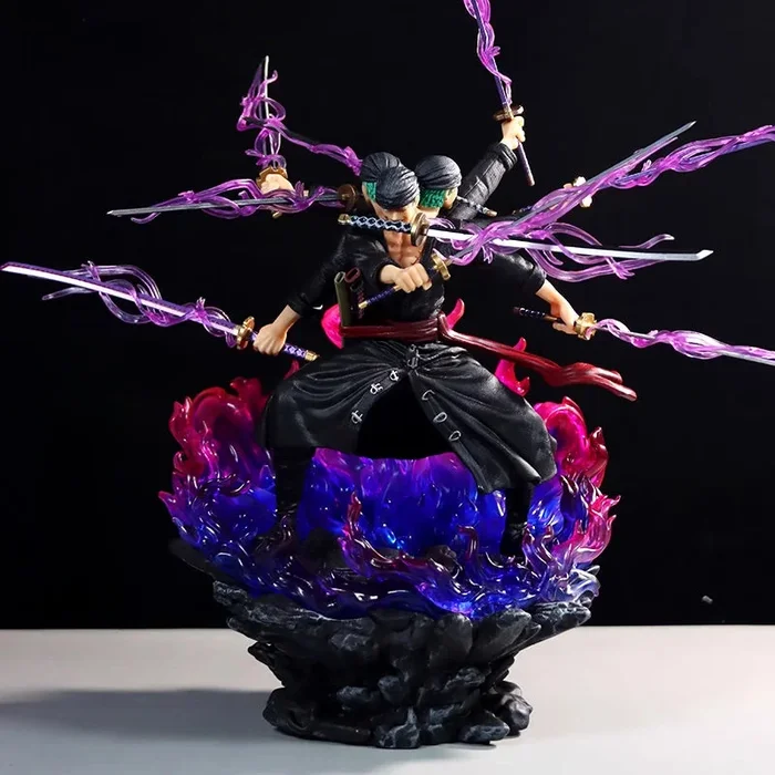 Estatueta de ação zoro santoryu – 40cm com três espadas e efeitos dinâmicos de chama, edição limitada – colecionável de uma peça