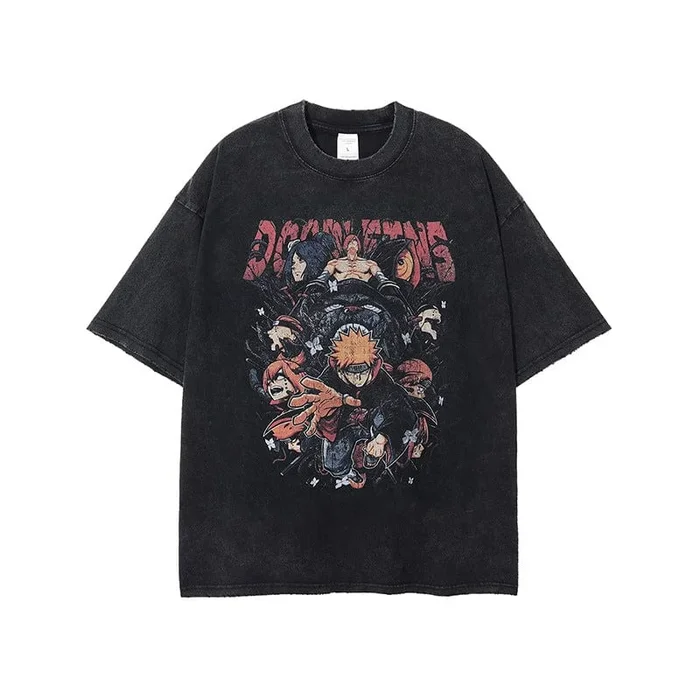 เสื้อยืด Vintage Naruto Shippuden – เสื้อยืดกราฟิกอนิเมะที่มีความทุกข์ซึ่งมี Naruto และ Akatsuki