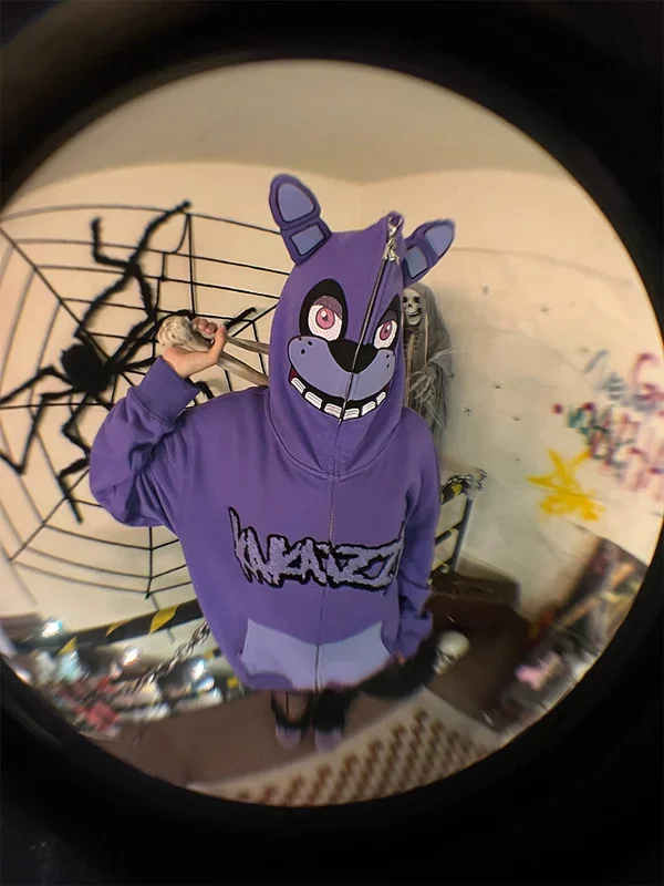 Five Nights at Freddy’s Bonnie-inspirierter Kapuzenpullover – Übergroßes lila FNAF-Sweatshirt mit Reißverschluss, 400 g/m²