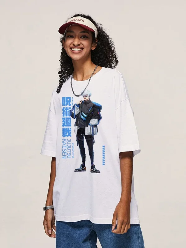 Gojo Satoru Street Style Jujutsu Kaisen T-shirt-detalhes em azul