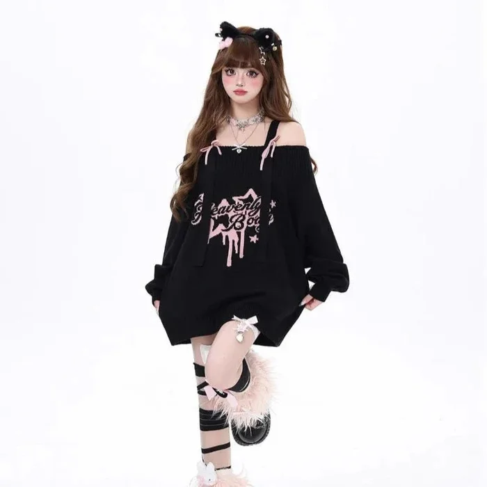 Gothic “Heavenly Body” Oversized Off-Shoulder Women’s Black Pink Sweater