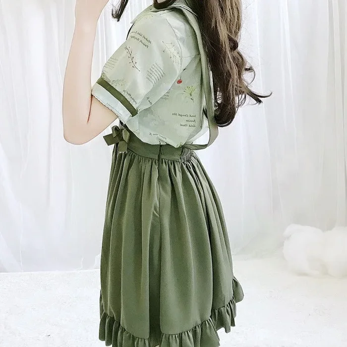 Green Japanese Lolita Cosplay Kawaii Pleated Vintage Long Skirt