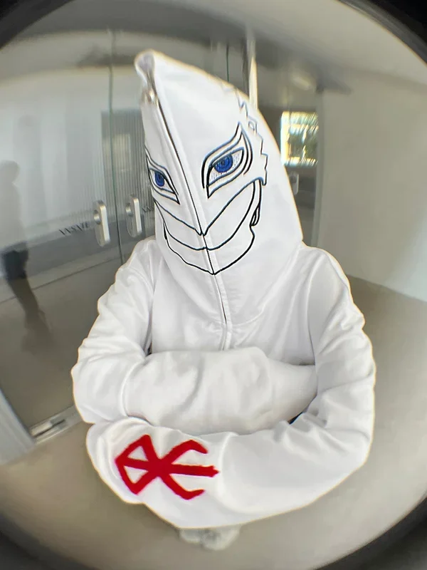 Hoodie-berserk Griffith-inspult-400GSM أبيض ZIP-UP anime sweatshirt