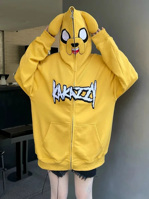 Hoodie de cachorro amarelo kawaii – 400gsm de algodão com zíper de zíper para fãs de streetwear de anime