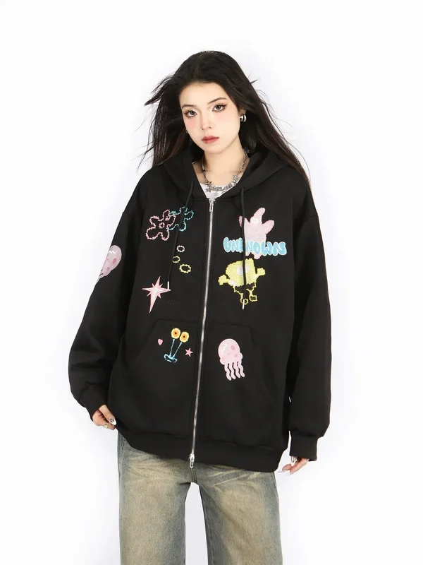 Hoodie de desenhotar pastel kawaii-capuz fofo de zip completo com desenhos bordados divertidos