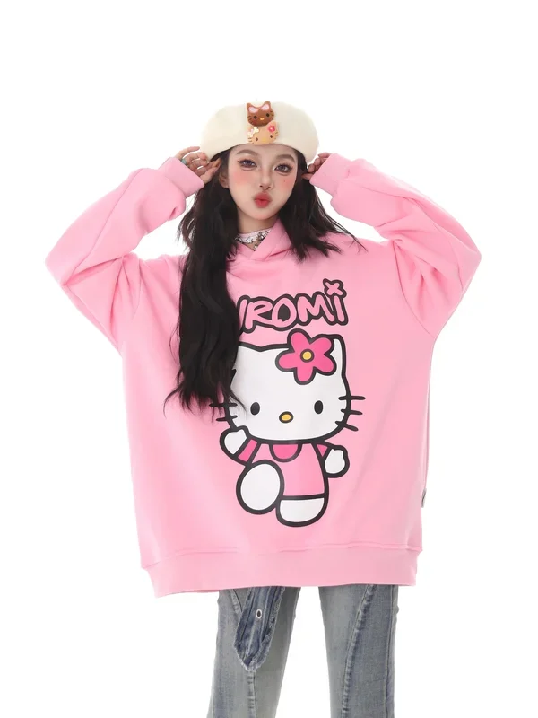Hoodie Hello Kawaii Hello Kitty كبير – Prace Pastel Pullover للارتداء غير الرسمي