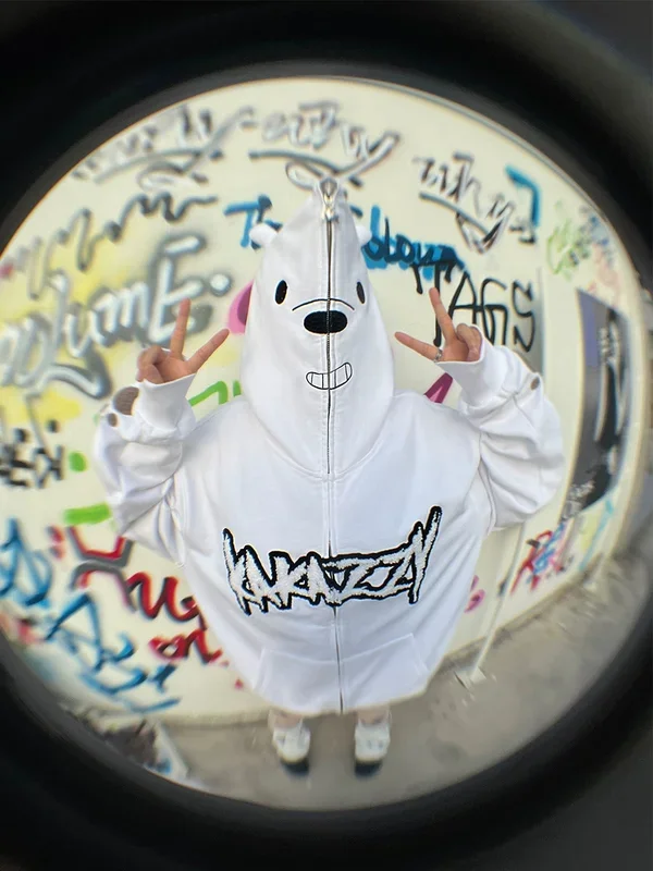 Hoodie หมีสีขาวน่ารัก – 400GSM POLAR Bear Design พร้อมปักสีดำ