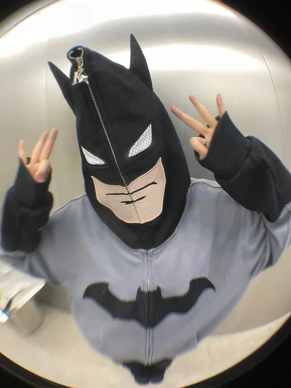 Hoodie inspirado em Batman-400gsm de moletom de super-herói cinza e preto de zíper preto