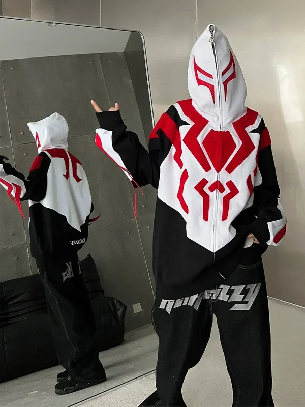 Hoodie inspirado em super-herói-400gsm de moletom de rua preto, vermelho e com zíper branco de grandes dimensões