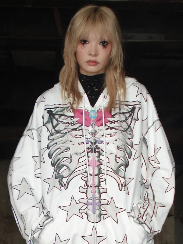 Hoodie Skeleton Skeleton Star-Hoodie Full-Zip พร้อม Skeleton Print และ Star Pattern