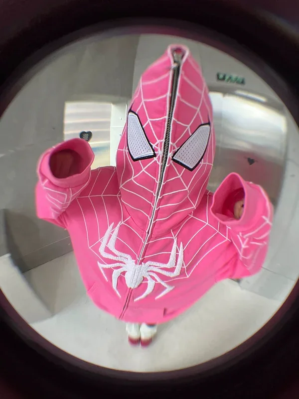Hoodie ที่ได้รับแรงบันดาลใจจาก Spider-400GSM ขนาดใหญ่สีชมพูซิปอัพซุปเปอร์ฮีโร่ซุปเปอร์ฮีโร่