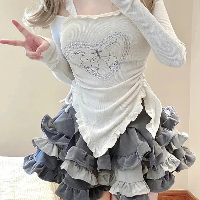 Japanese Harajuku Gray White Bunny Ruffled Skirt Top