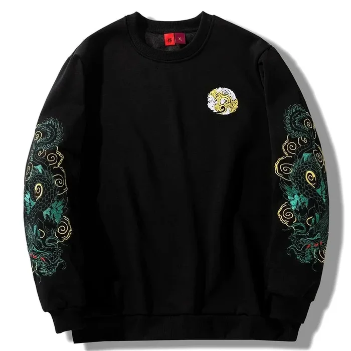 Japanese-themed Emerald Dragon Embroidery Unisex Black Sweatshirt