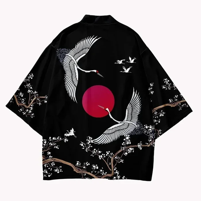 Japanese-themed Red Sun White Cranes Unisex Kimono