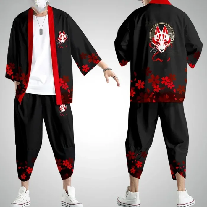 Japanese-themed White Wolf Mask Mens Kimono Yukata