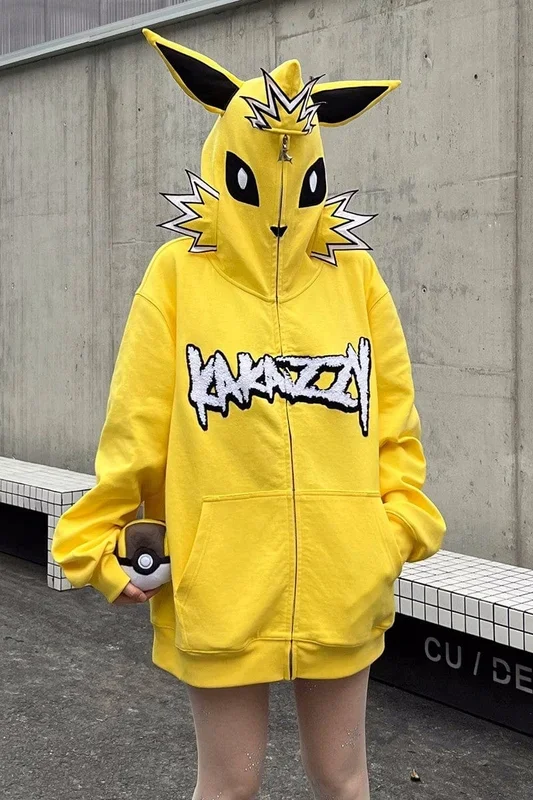 口袋妖怪Jolteon Full Zip Hoodie |電動動漫風格的角色扮演連帽衫