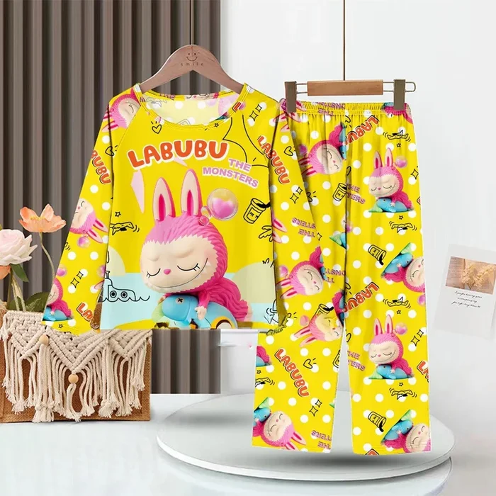 LABUBU Baby Pajama Set – “The Monsters” Bright Yellow Milk Silk Sleepwear