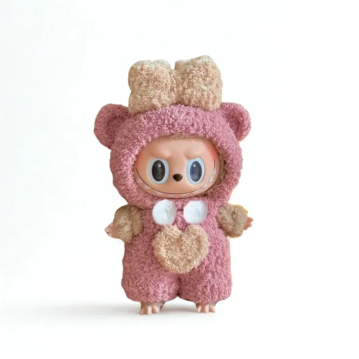 Labubu Pink Bear Plush Outfit – With Heart Patch, Head Bow & Chest Fur Detail