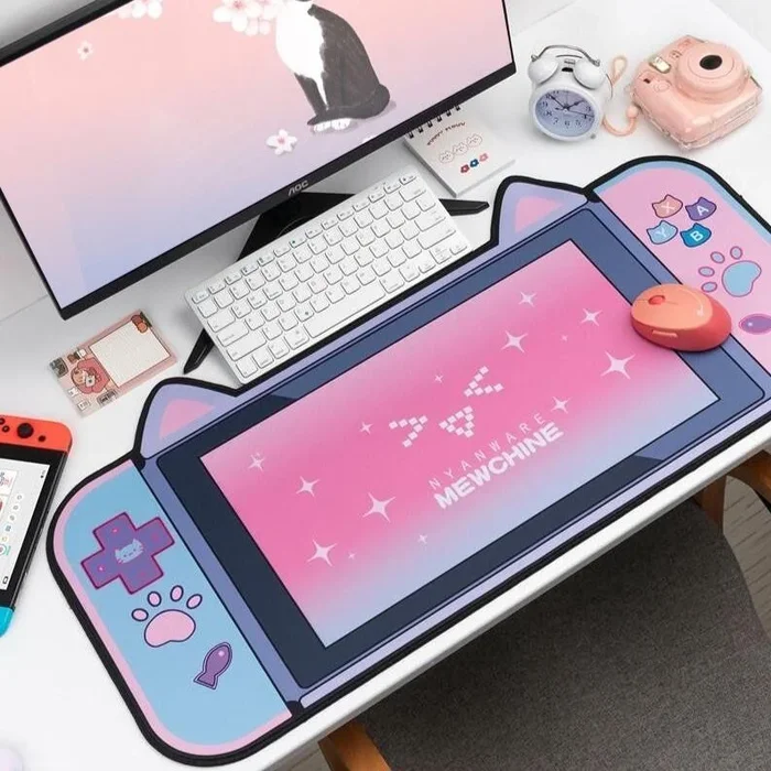 Large Pink Kawaii Gaming Cat Print Mouse Pad