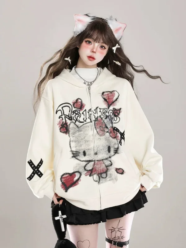 القوطي Hello Kitty Princess Hoodie-Zip-up zip-up مع القلب المفعم بالحيوية والرسومات المتقاطعة