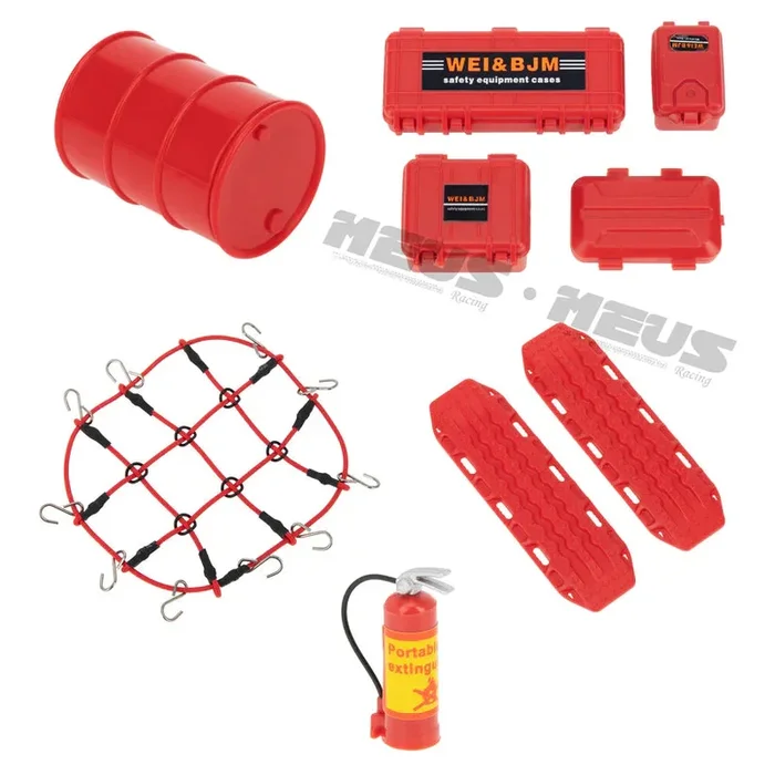 Meus Racing Decoration Parts Plastic Oil Drum Luggage Traction Board Ramps Restoring Sand Ladder Luggage Net for 1/18 TRX4M & 1/24SCX24 – RED