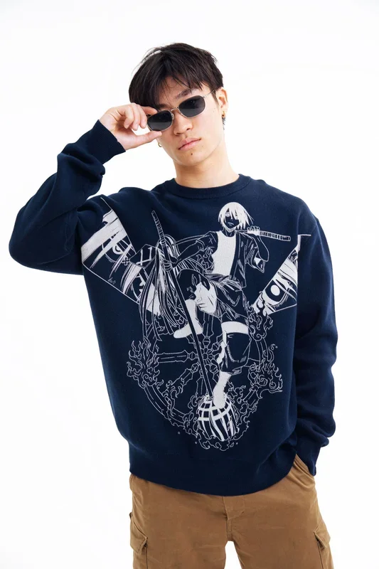 ملك الدمار ألهم أنيمي شارع الشارع من النوع الثقيل | Premium Dark Navy Graphic Crewneck Pullover