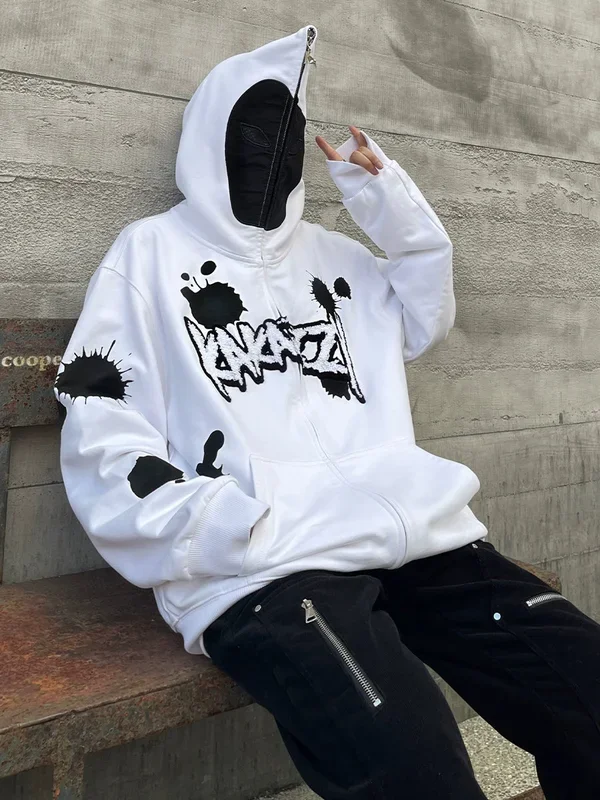 Monochrome Ink Splatter Hoodie – 400GSM Oversized White and Black Zip-Up Streetwear Sweatshirt