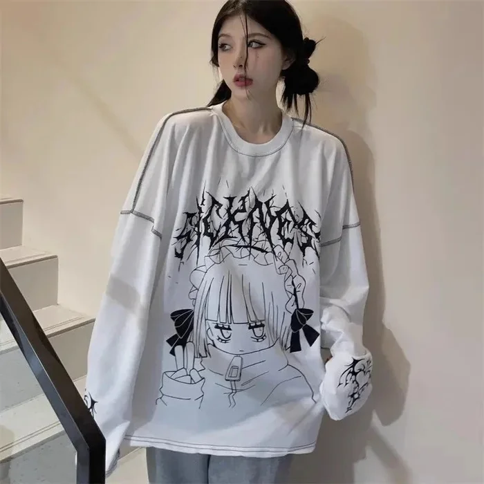 Oversized Harajuku Gothic “Sickness” Anime Girl White Black Tee