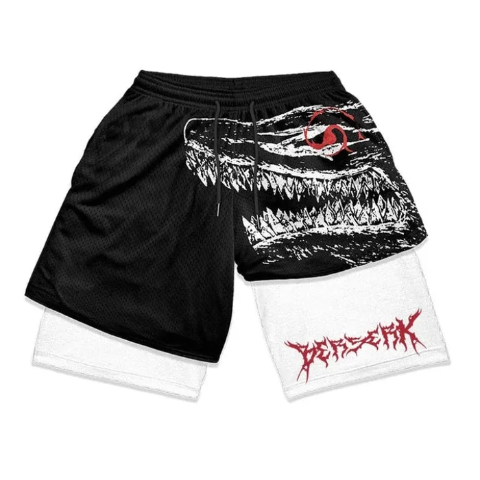 Pantalones cortos de gimnasio de anime berserk – pantalones cortos de entrenamiento de la bestia de la oscuridad para hombres y mujeres | Ropa de fitness de fantasía oscura con diseño gráfico