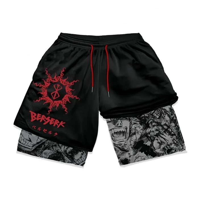 Pantalones cortos de gimnasio inspirados en Berserk con Liner-Brand of Sacrifice and Eclipse Horror Design