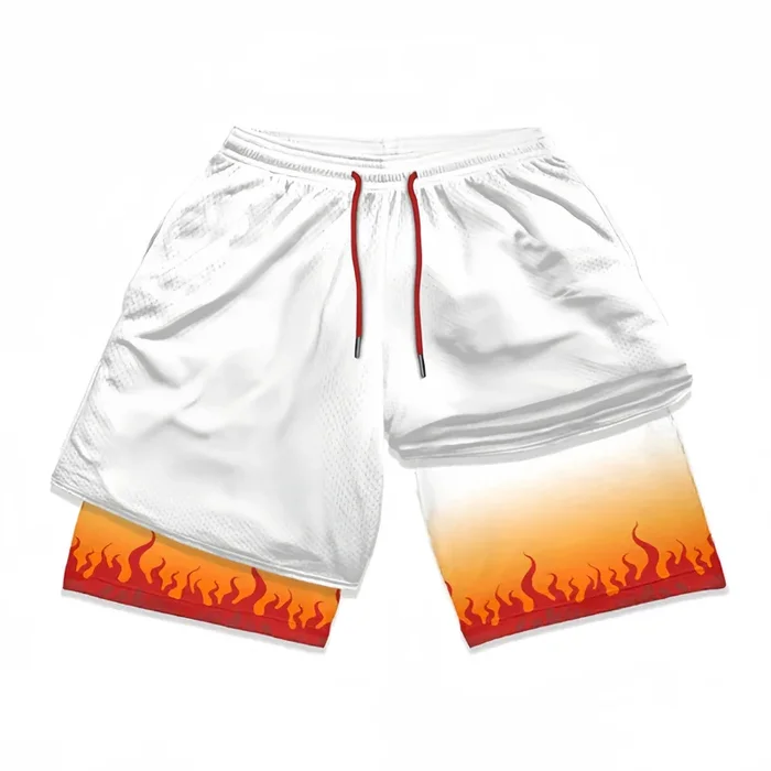 Pantalones cortos de gimnasio inspirados en demonios con revestimiento-Design de Rengoku Flame Hashira