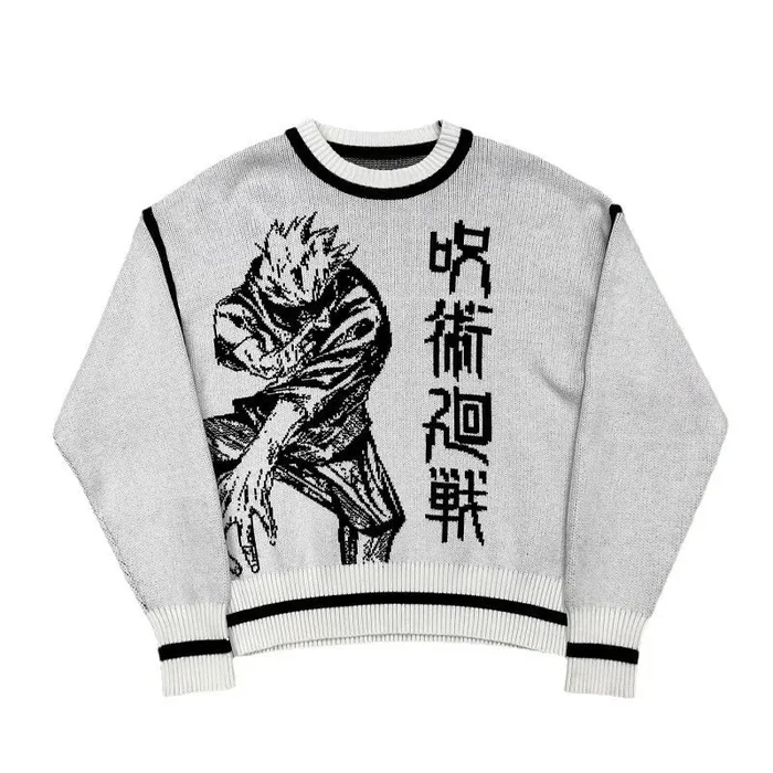 프리미엄 Sukuna에서 영감을 얻은 니트 스웨터-Jujutsu Kaisen 저주 왕 Jacquard Design
