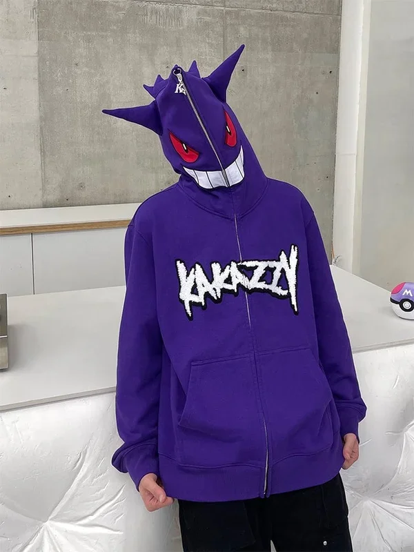 Pokemon Gengar Full Zip Hoodie | Capuz de cosplay inspirado em anime assustado