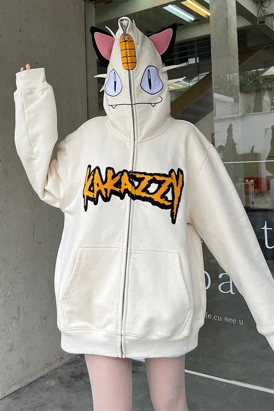 Pokemon Meowth Full Zip Hoodie | Hoodie คอสเพลย์ที่ได้รับแรงบันดาลใจจากอนิเมะขี้เล่น